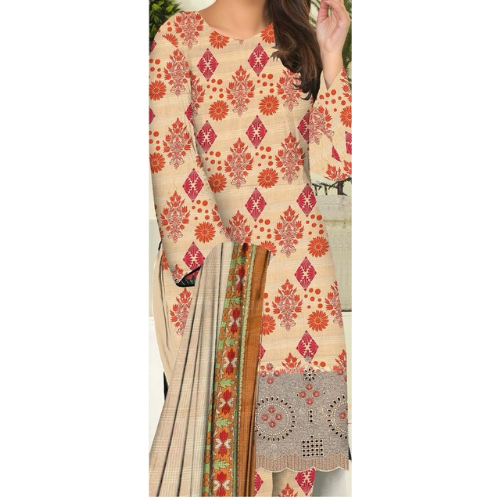 Beige traditional outfit with red and orange patterns on a white background