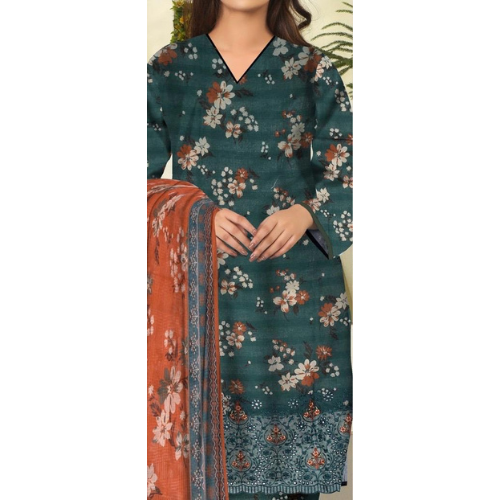 Woman wearing a floral patterned dress with a matching shawl on a white background