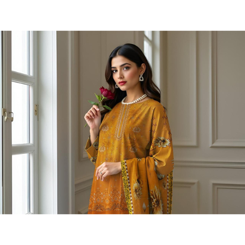 Woman in a mustard yellow embroidered outfit holding a red rose indoors.