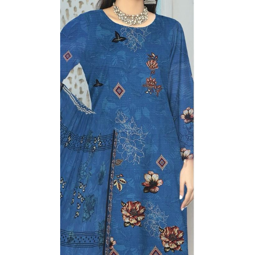Blue embroidered dress with floral patterns on a white background