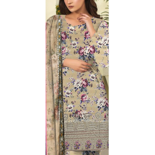 Woman wearing a floral dress with a beige dupatta on a white background