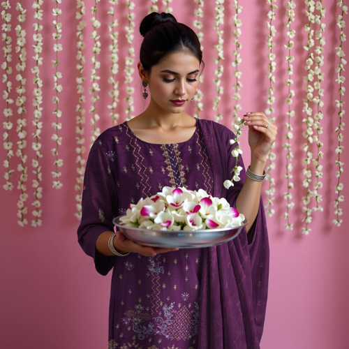 Woman in a purple traditional outfit holding a tray with flowers against a pink floral backdrop