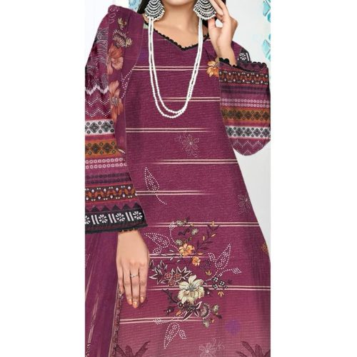 Purple patterned dress with floral designs on a white background