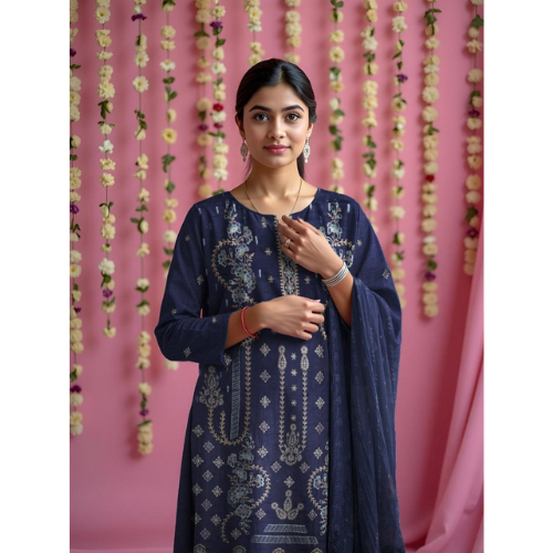 Woman in a blue embroidered outfit standing against a pink background with floral decorations.