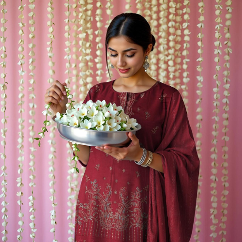 Woman in a red traditional outfit holding a bowl of white flowers against a pink floral backdrop