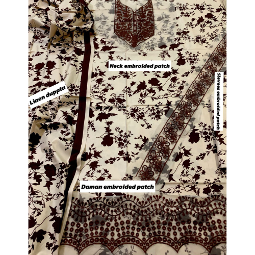 Premium Embroidered Digital Linen Suit (3 Piece)