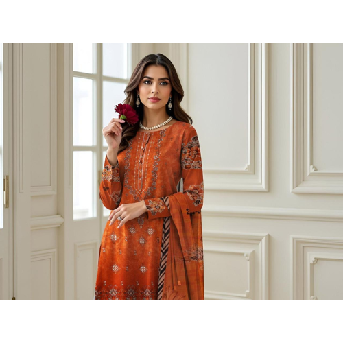 Woman in an orange traditional outfit holding a red flower in a well-lit room.