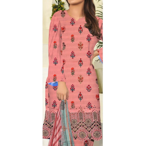 Pink embroidered dress with a floral pattern on a plain background
