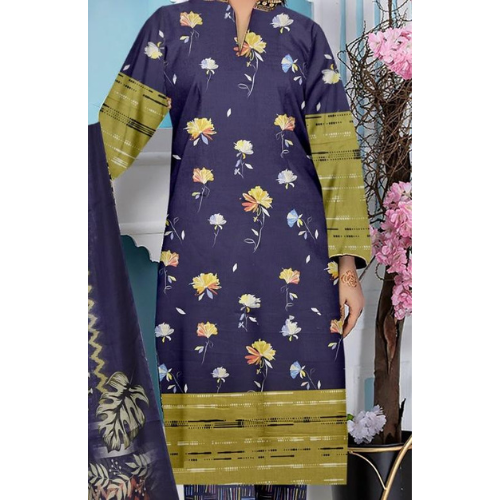 Navy blue kurta with floral patterns and green sleeves against a light blue background