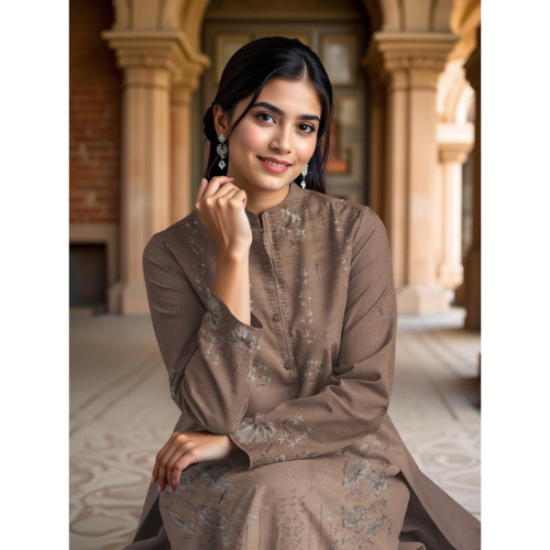 Woman in a brown traditional outfit sitting in an elegant interior setting
