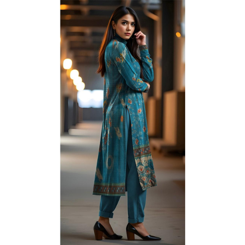 Woman wearing a blue floral traditional outfit in an indoor setting