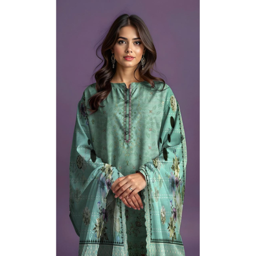 Woman wearing a green embroidered traditional outfit against a purple background