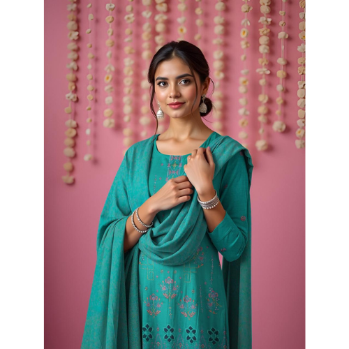 Woman in a teal outfit with floral patterns against a pink background
