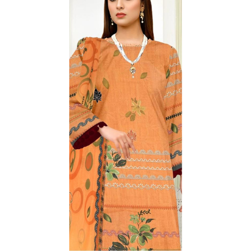 Orange traditional outfit with floral patterns on a white background