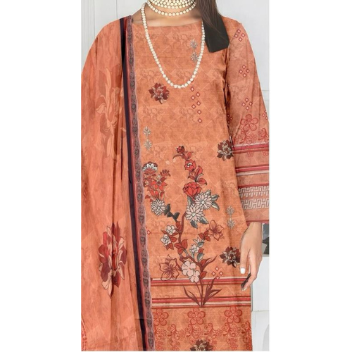 Coral-colored traditional outfit with floral patterns on a plain background