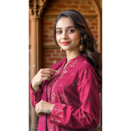 Woman wearing a pink traditional outfit with intricate designs, standing in front of a brick wall.