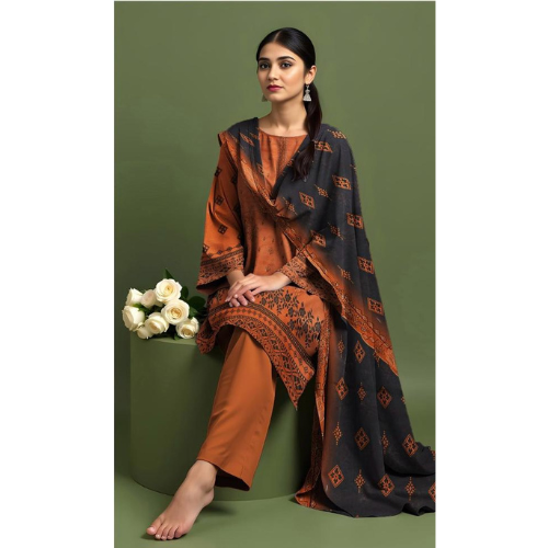 Woman wearing a traditional outfit with a black and orange patterned shawl on a green background