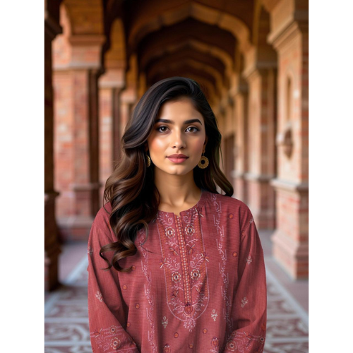 Woman in a patterned dress standing in an archway with brick walls
