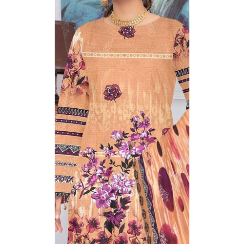 Beige dress with floral patterns and a necklace on a white background