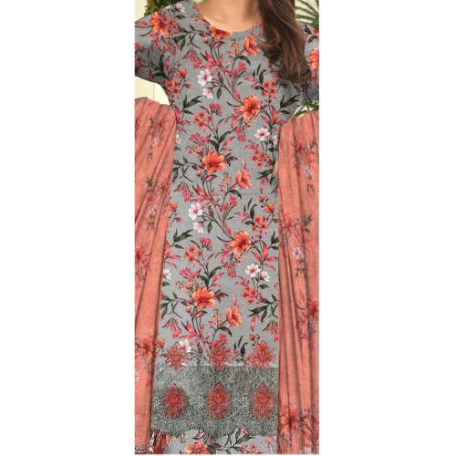 Floral dress with pink dupatta on a white background