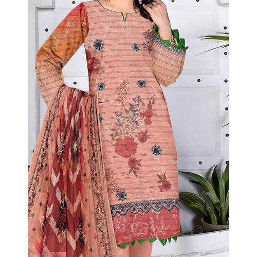 Woman wearing a peach-colored floral dress with a matching dupatta against a white background.