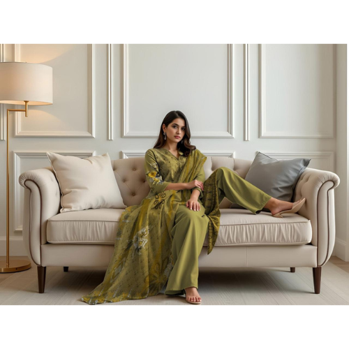 Woman in a green outfit sitting on a beige sofa in a stylish room.