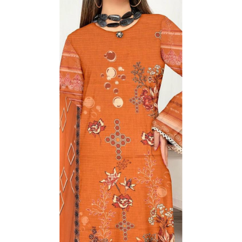 Orange dress with floral and geometric patterns on a white background