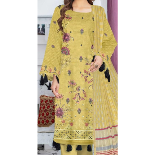 Yellow floral printed outfit with a dupatta on a white background