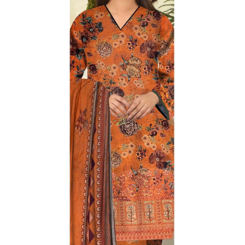Orange floral patterned dress with matching dupatta on a white background