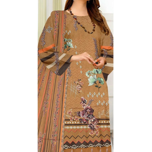 Brown traditional outfit with floral patterns on a plain background