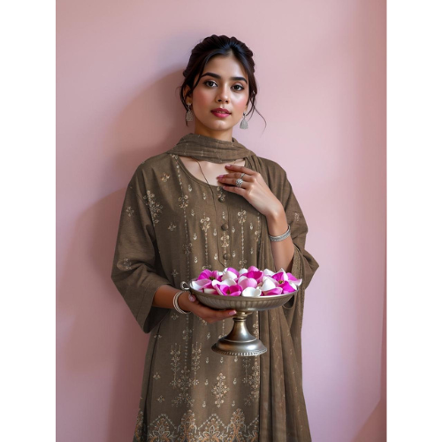 Woman holding a bowl with pink and white flowers against a pink background