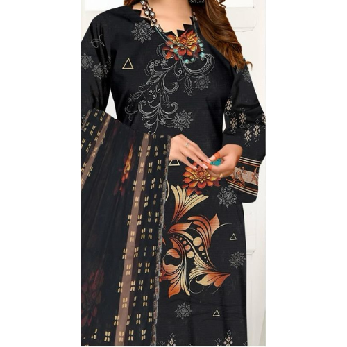 Black dress with floral patterns on a white background
