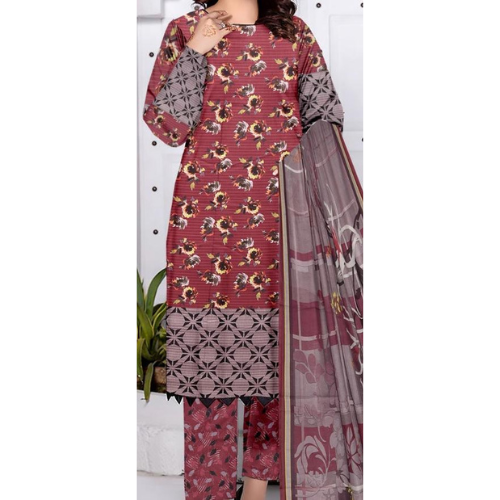 Traditional outfit with a red floral patterned shirt, pants, and a matching dupatta on a white background.