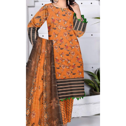 Orange floral dress with brown dupatta on a white background