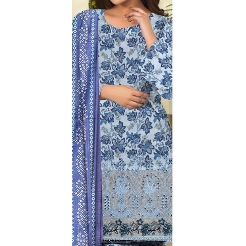Woman wearing a blue floral saree with a matching blouse on a white background