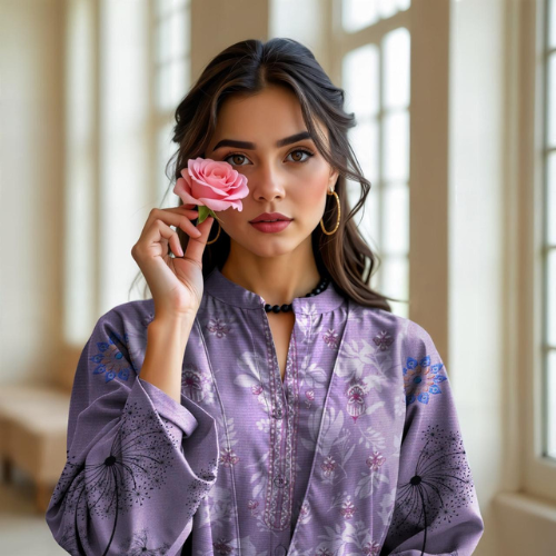 Woman holding a pink rose in front of her face with a blurred indoor background