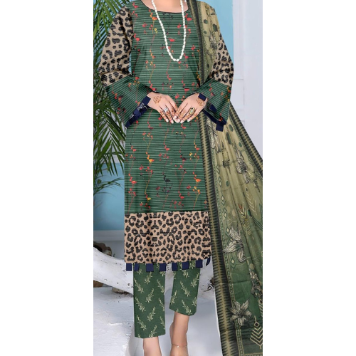 Woman wearing a green and leopard print outfit with a matching scarf.