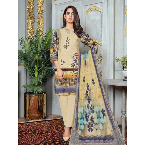 Woman in a traditional outfit with a floral design standing in a decorated room.