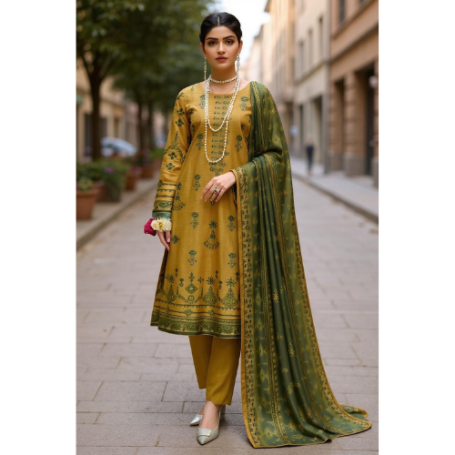Woman in a yellow and green traditional outfit standing on a street.