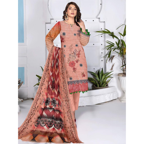 Woman wearing a peach-colored embroidered dress with a dupatta in a decorated indoor setting.