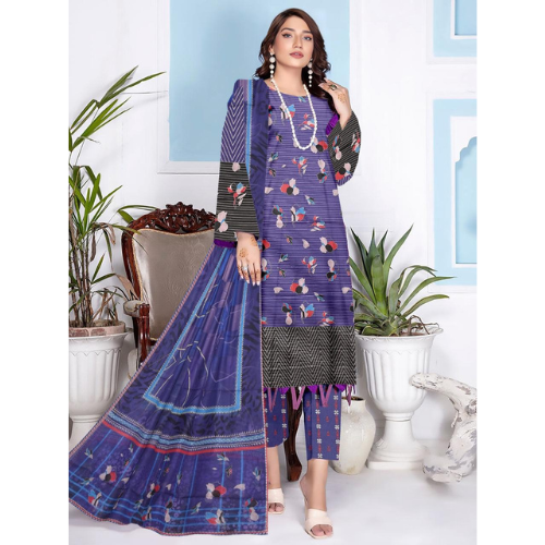 Woman wearing a blue and multicolor traditional outfit with a white background