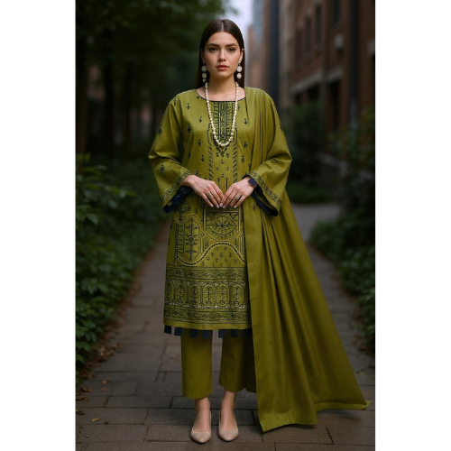 Woman wearing a green traditional outfit with intricate patterns in an outdoor setting.