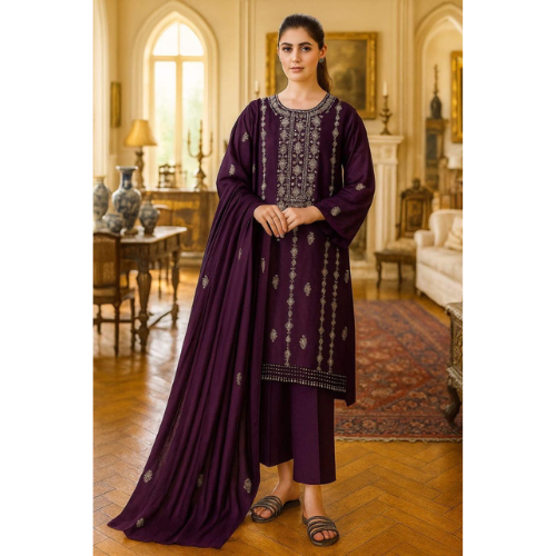 Woman in a purple traditional outfit standing in an elegant room with wooden floors and classical decor.