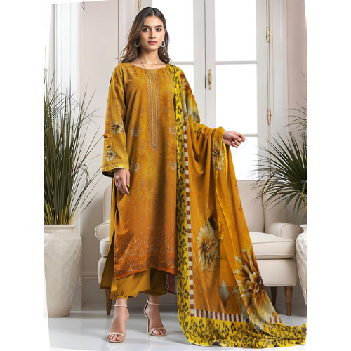 Woman wearing a mustard yellow traditional outfit with a matching dupatta in a well-lit room.