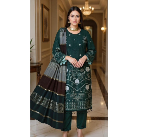 Woman wearing a green and brown traditional outfit in an elegant hallway.