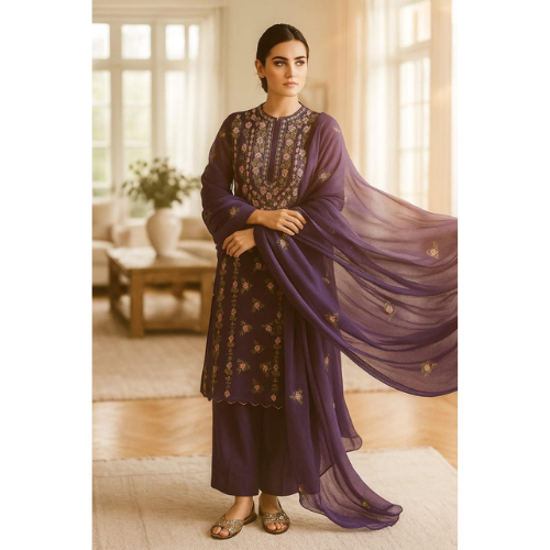 Woman wearing a purple traditional outfit with a flowing dupatta in a well-lit room.