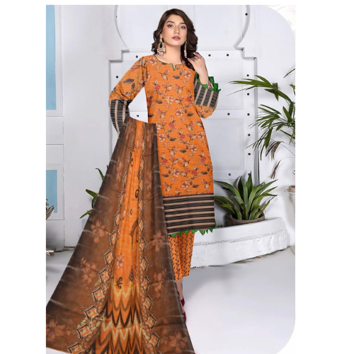 Woman wearing an orange and brown patterned dress with a matching dupatta in a minimalistic setting.