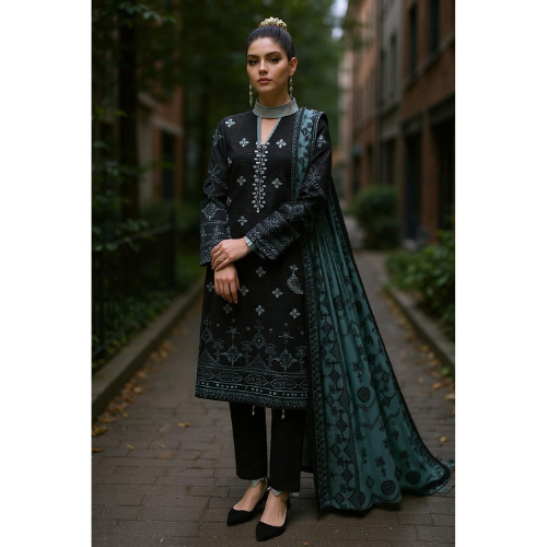 Woman wearing a black and green embroidered traditional outfit in an urban setting