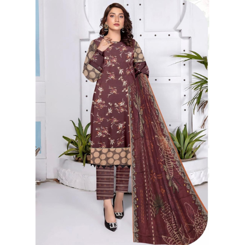 Woman wearing a brown floral outfit with a matching dupatta against a white background