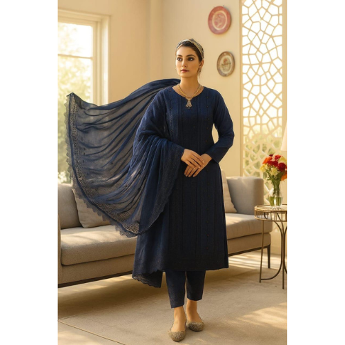 Woman in a navy blue traditional outfit standing in a living room.